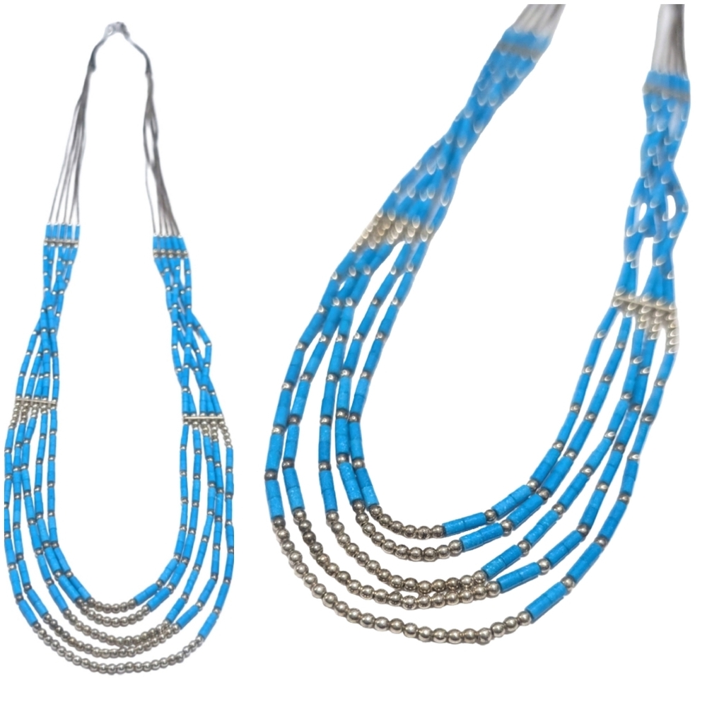Vintage Native American necklace Multi Strand Liquid Silver Turquoise Bead 925